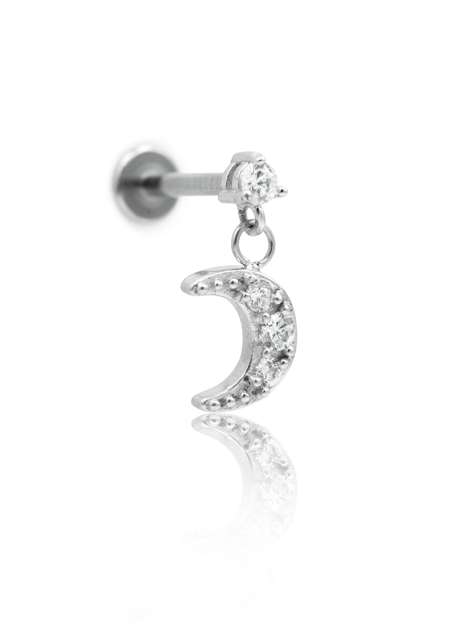 "Moon Zirconia" ear stud - titanium labret with moon pendant