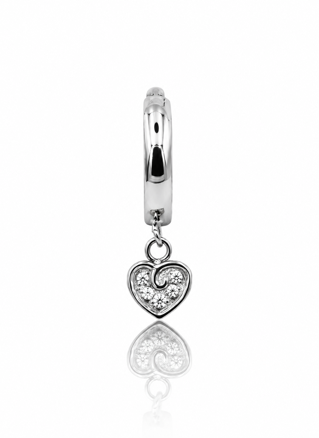 "Love on the edge" earring - Titanium clicker with a hanging heart with cubic zirconia