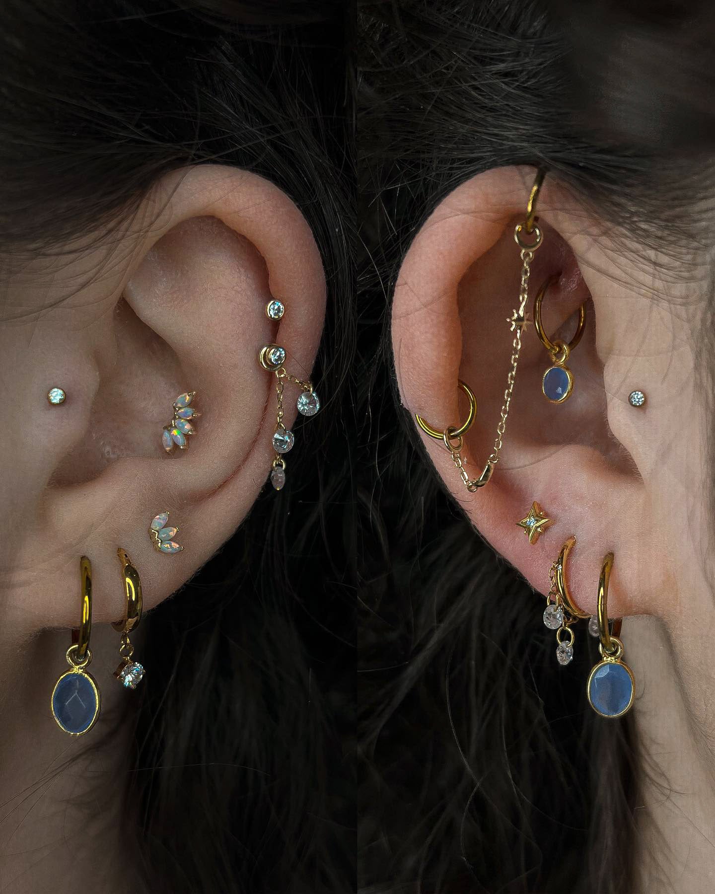 Kolczyk do ucha "Many opals" - 14K złoty labret