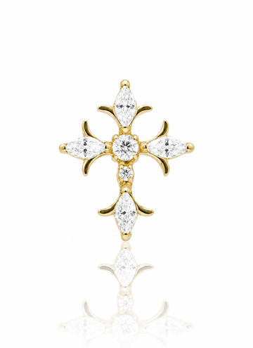 Kolczyk do ucha "Celestial cross" - złoty tytanowy labret w kształcie krzyża z cyrkoniami