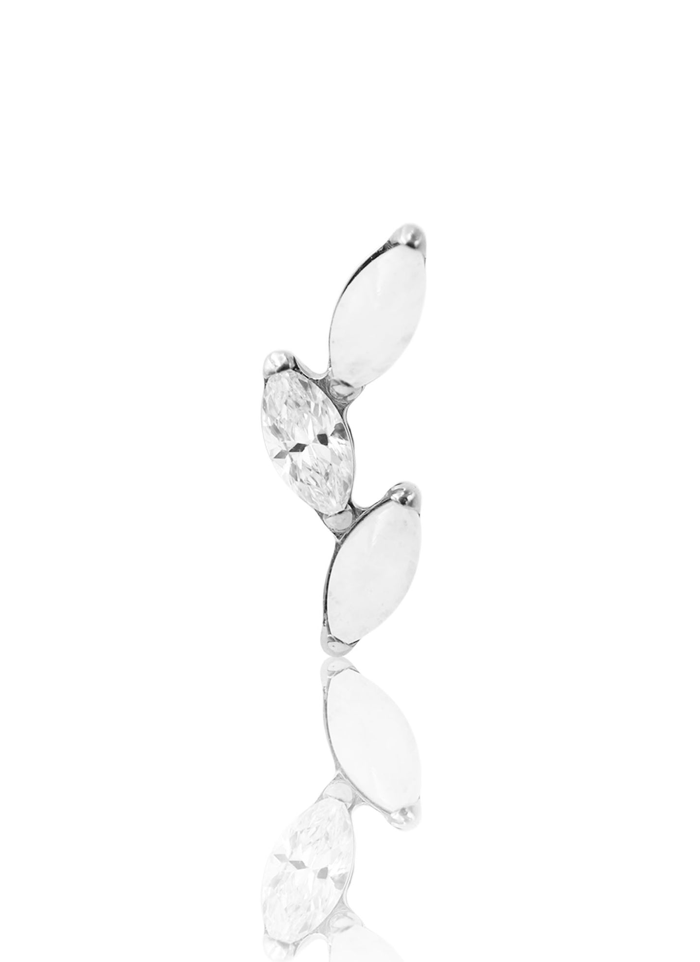 Kolczyk do ucha "3 leaf white stone" – tytanowy labret z cyrkonią i białym jadeitem