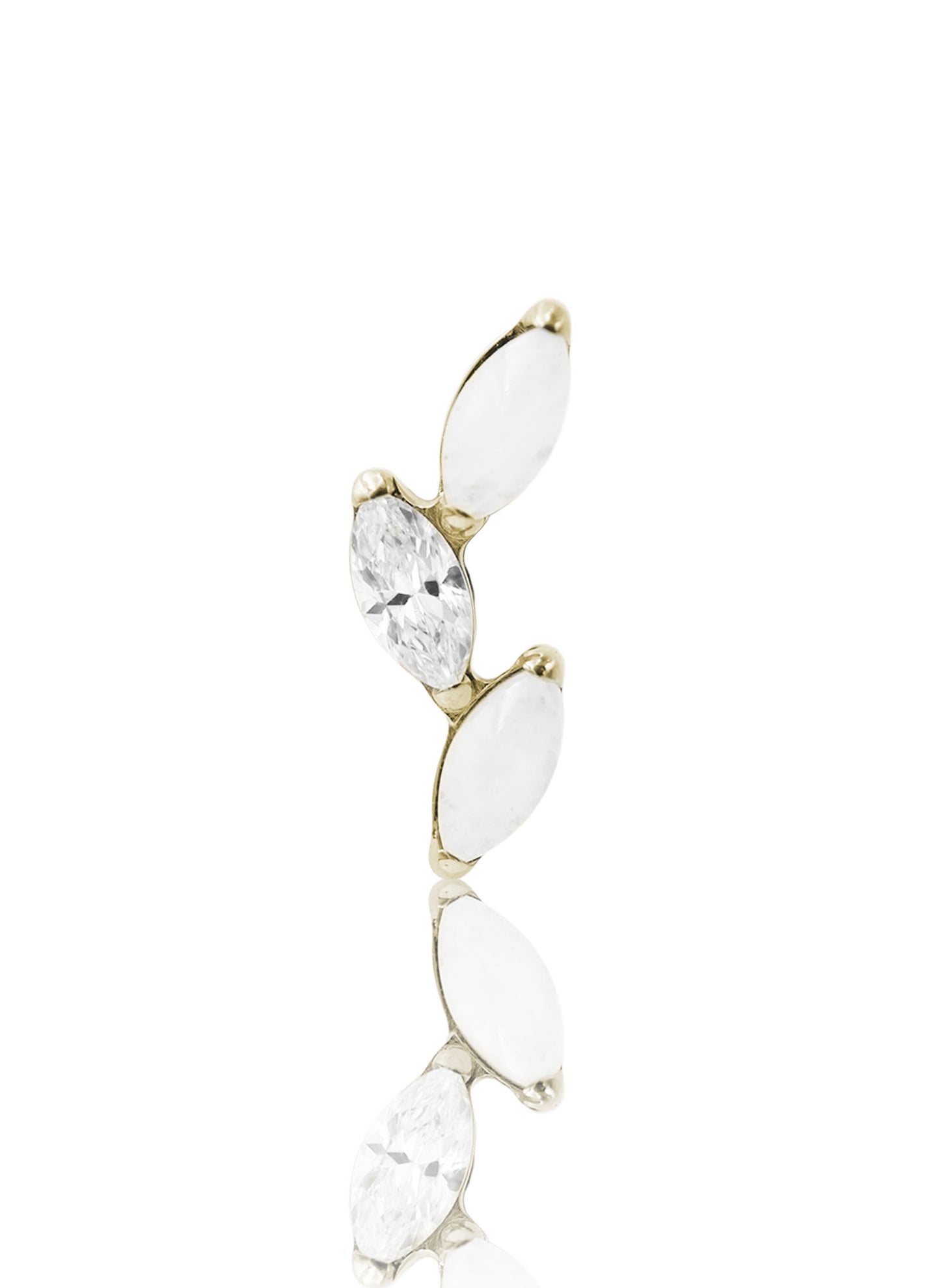 Kolczyk do ucha "3 leaf white stone" – złoty tytanowy labret z cyrkonią i białym jadeitem