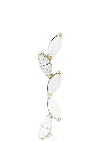 Kolczyk do ucha "3 leaf white stone" – złoty tytanowy labret z cyrkonią i białym jadeitem