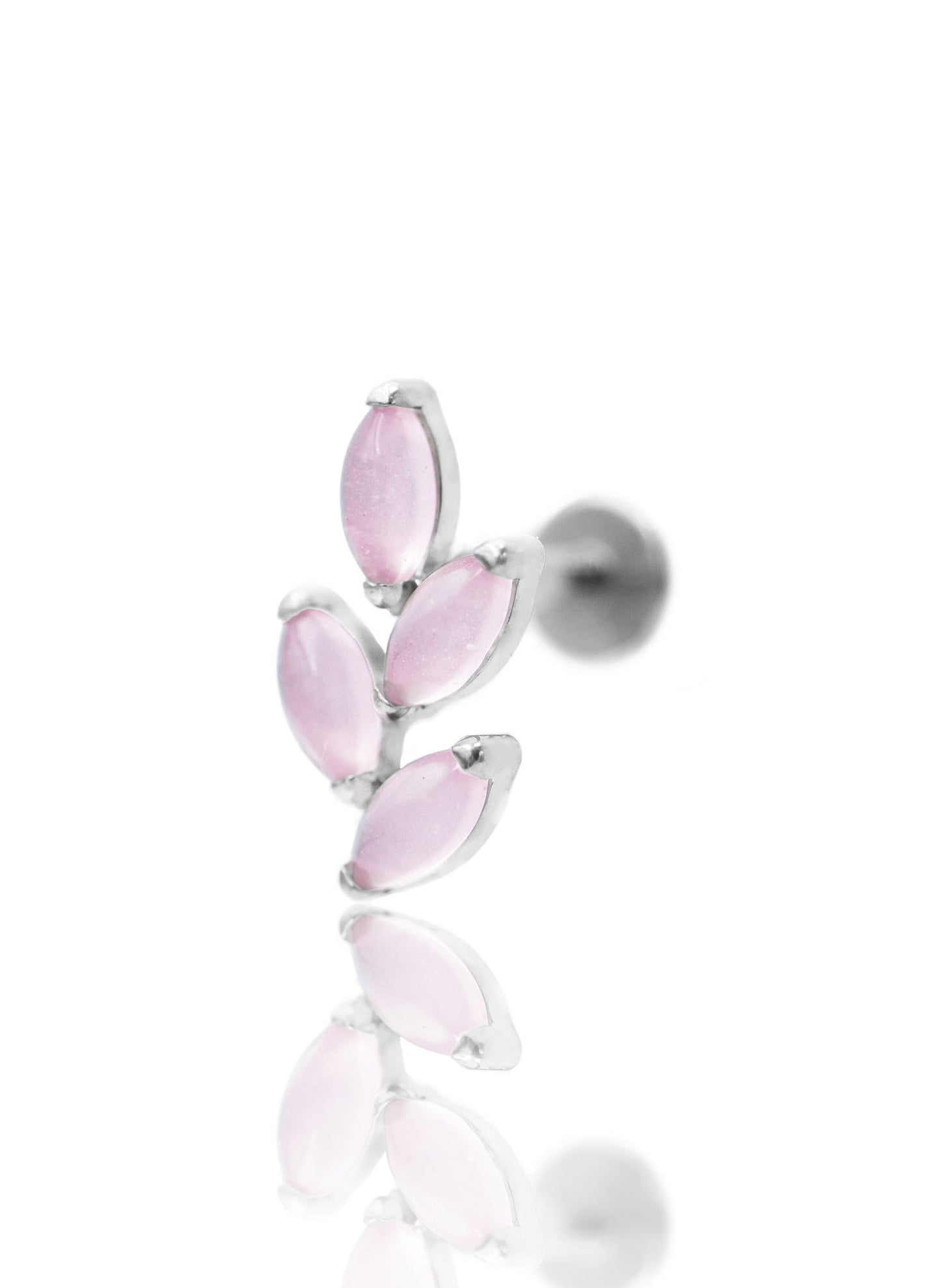 Kolczyk do ucha "4 leaf pink stone" – złoty tytanowy labret z różowym jadeitem
