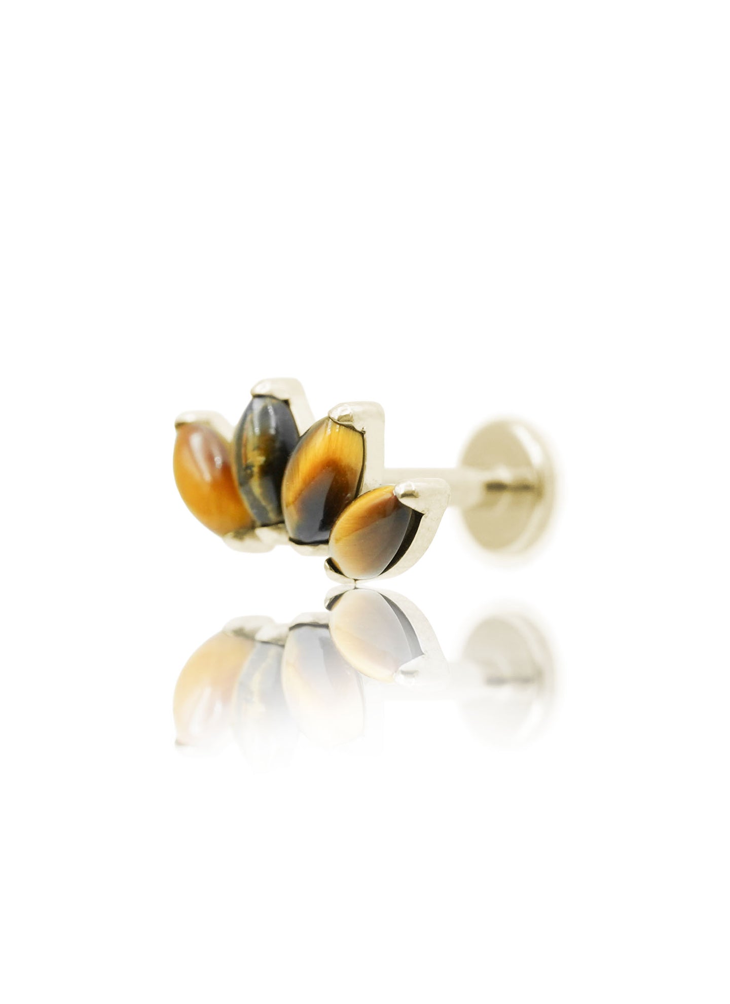 Kolczyk do ucha "4 stone tiger eye" – złoty tytanowy labret z tygrysim okiem