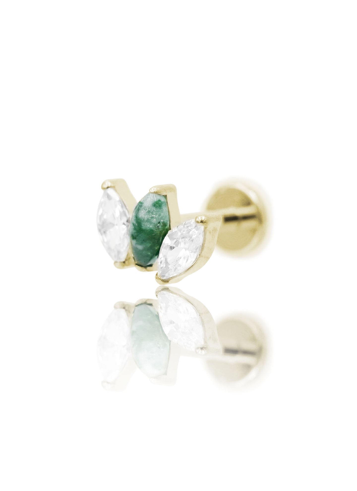 Kolczyk do ucha "straight 3 stone clear black zirconia" – złoty tytanowy labret z cyrkonią i agatem mszystym