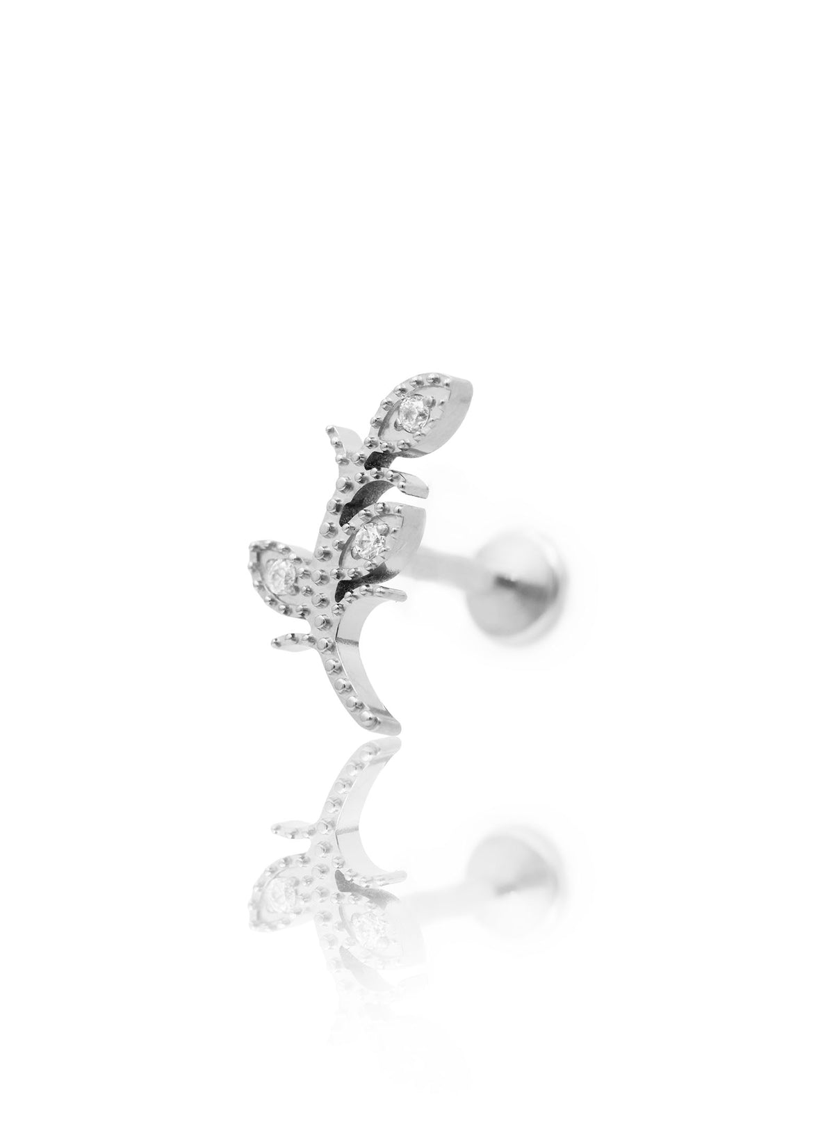 Kolczyk do ucha "Crystal vine" - tytanowy labret w kształcie listka z cyrkonią