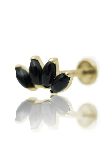 Kolczyk do ucha "4 stone black" - anodyzowany tytanowy labret w kształcie poczwórnej łezki z czarnym onyksem