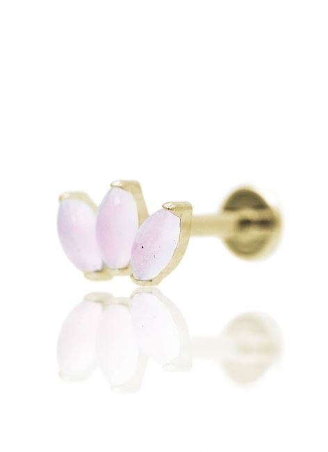 Kolczyk do ucha "3 stone pink" - anodyzowany tytanowy labret w kształcie potrójnej łezki z różowym jadeitem