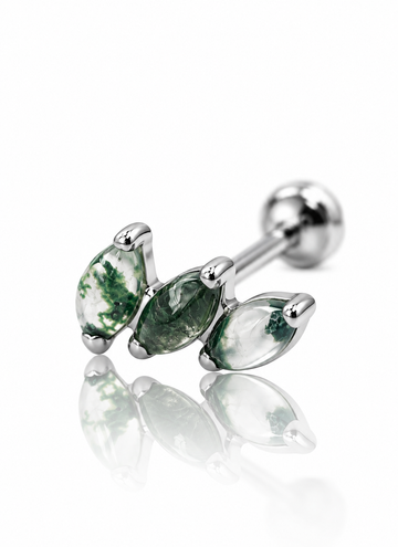 Kolczyk do ucha "3 stone moss agate" - tytanowy labret z agatem mszystym