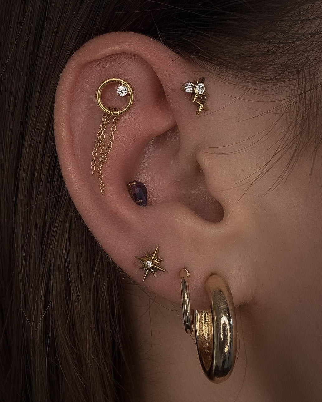 Kolczyk do ucha "Golden chain rain" - tytanowa nakrętka