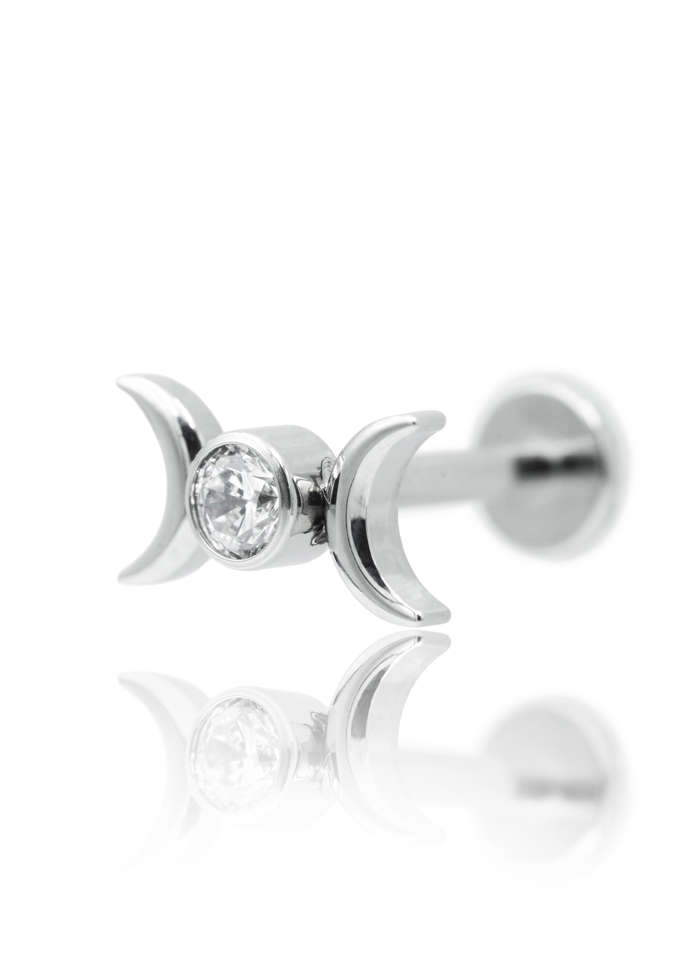 Kolczyk do ucha "Two Moons Zirconia" - tytanowy labret z cyrkonią i księżyczami