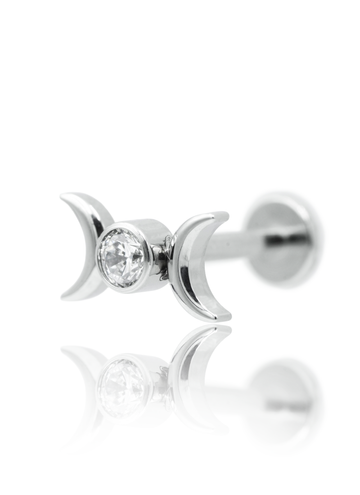 Kolczyk do ucha "Two Moons Zirconia" - tytanowy labret z cyrkonią i księżyczami