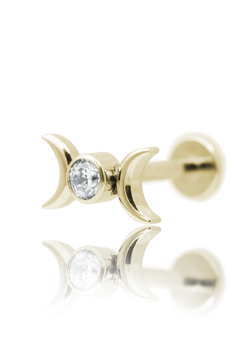 Kolczyk do ucha "Two Moons Zirconia" - złoty tytanowy labret z cyrkonią i księżyczami