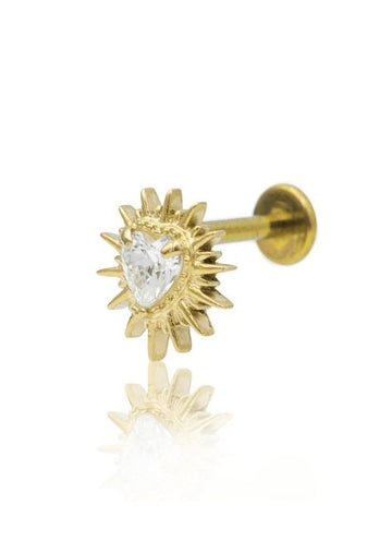 Kolczyk do ucha "Sunheart" - złoty tytanowy labret w kształcie słońca z cyrkonią w kształcie serca