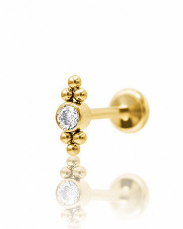 Kolczyk do ucha "Beaded halo" - złoty tytanowy labret z cyrkonią i kuleczkami