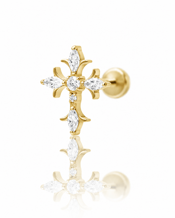 Kolczyk do ucha "Celestial cross" - złoty tytanowy labret w kształcie krzyża z cyrkoniami
