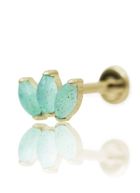 Kolczyk do ucha "3 stone light green" - anodyzowany tytanowy labret w kształcie potrójnej łezki z awenturynem