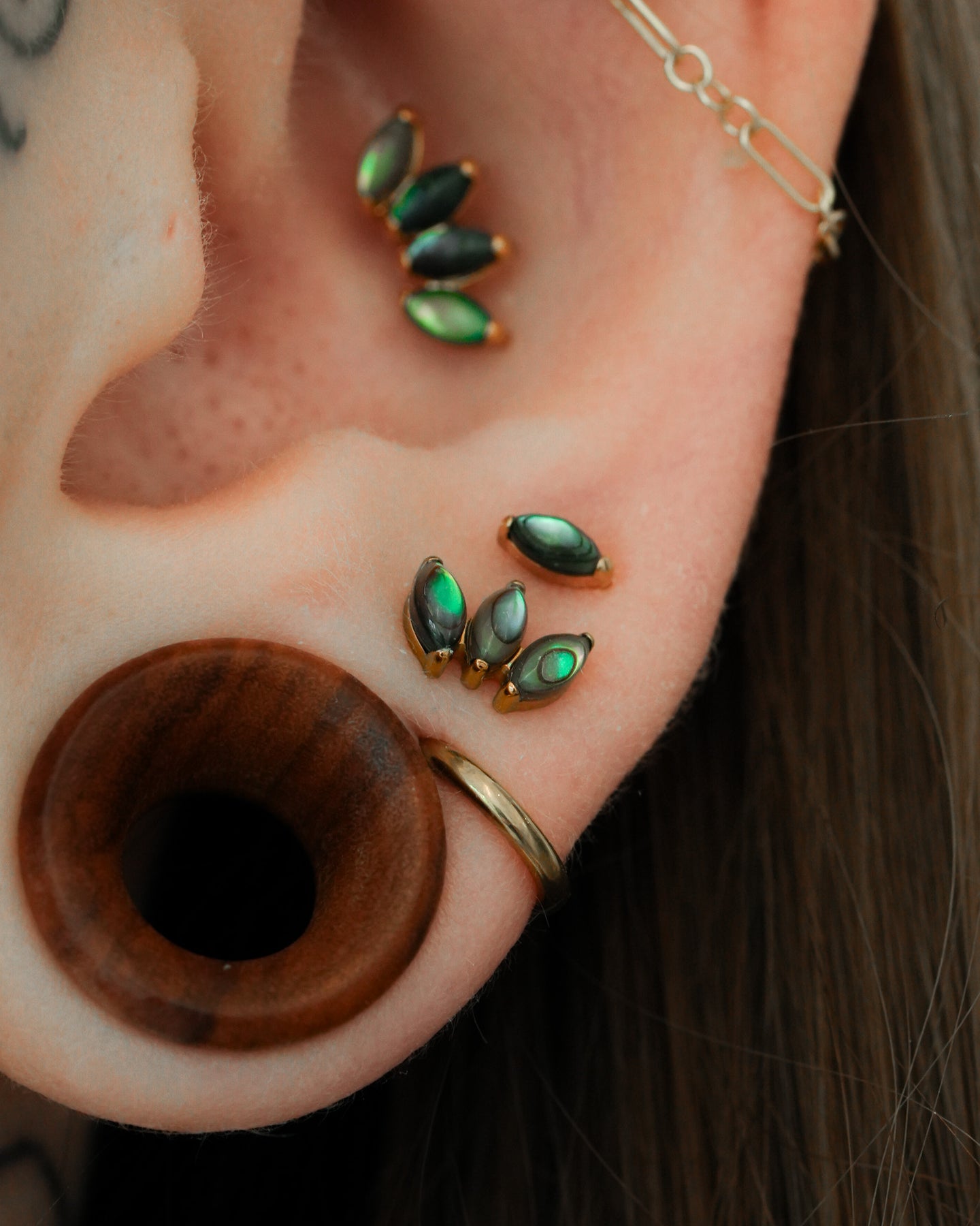 Kolczyk do ucha "straight 3 stone peacock" – tytanowy labret z muszlą abalone