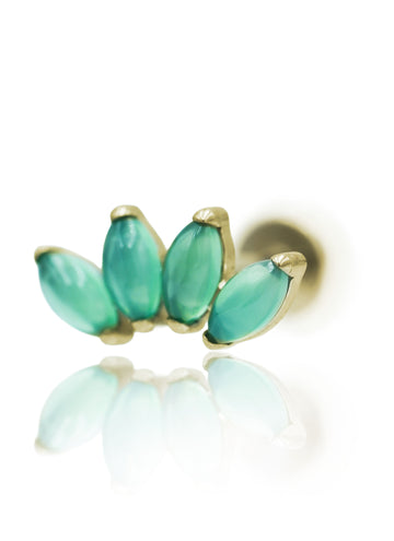 Kolczyk do ucha "4 stone green" - anodyzowany tytanowy labret w kształcie poczwórnej łezki z zielonym onyksem