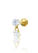 Kolczyk do ucha "Double Sparkle" - złoty tytanowy labret z wiszącą cyrkonią