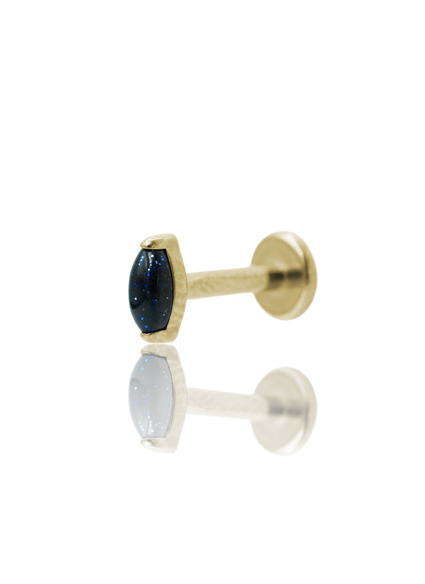 Kolczyk do ucha "1 long stone galaxy"- złoty tytanowy labret w kształcie łezki z blue goldstone