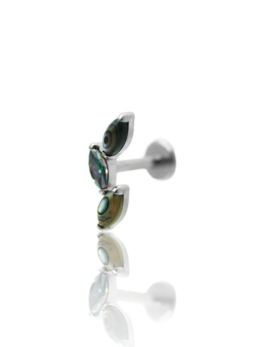 Kolczyk do ucha "3 leaf peacock stone" – tytanowy labret cyrkonią i muszlą abalone