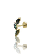 Kolczyk do ucha "3 leaf peacock stone" – złoty tytanowy labret cyrkonią i muszlą abalone