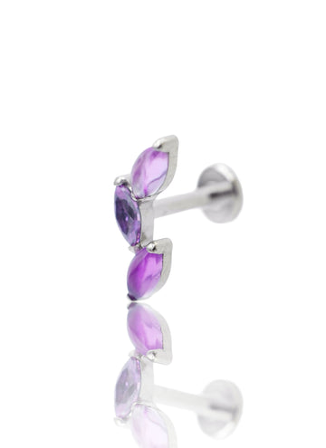 Kolczyk do ucha "3 leaf purple stone" – tytanowy labret cyrkonią i ametystem