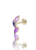 Kolczyk do ucha "3 leaf purple stone" – złoty tytanowy labret cyrkonią i ametystem