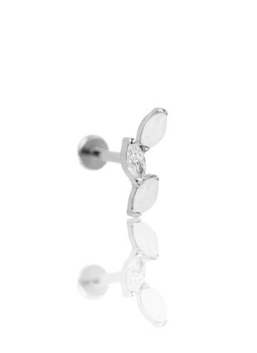 Kolczyk do ucha "3 leaf white stone" – tytanowy labret z cyrkonią i białym jadeitem