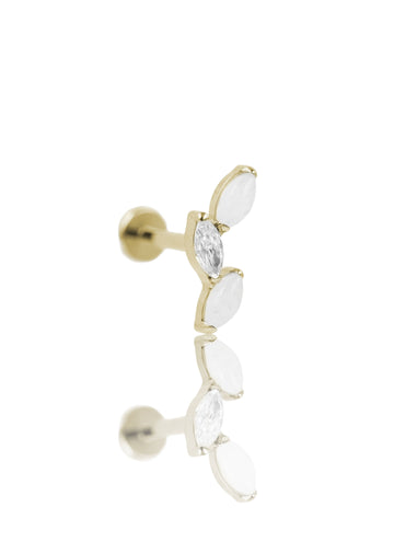 Kolczyk do ucha "3 leaf white stone" – złoty tytanowy labret z cyrkonią i białym jadeitem