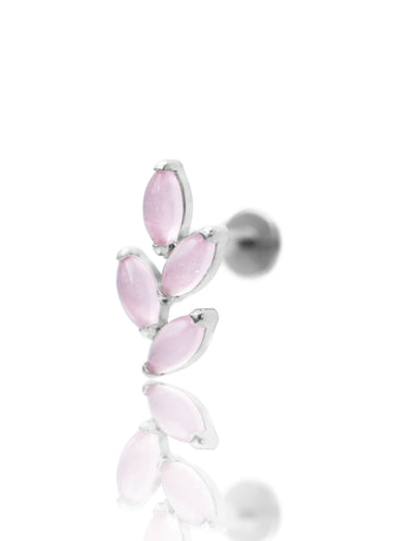Kolczyk do ucha "4 leaf pink stone" – złoty tytanowy labret z różowym jadeitem