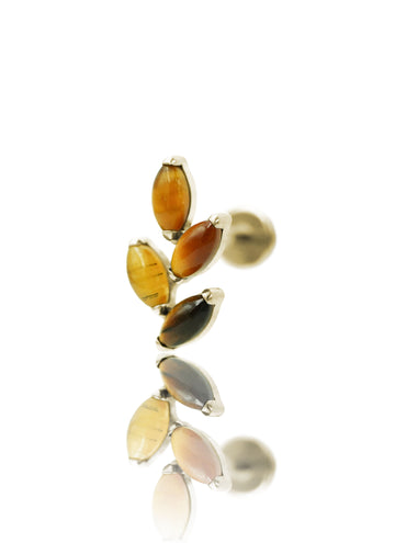 Kolczyk do ucha "4 leaf tiger eye stone" – złoty tytanowy labret z tygrysim okiem