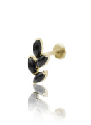 Kolczyk do ucha "4 leaf black stone" – złoty tytanowy labret z czarnym onyksem