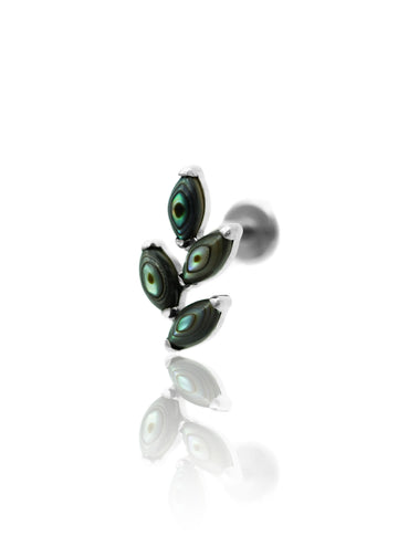 Kolczyk do ucha "4 leaf peacock stone" – tytanowy labret z muszlą abalone