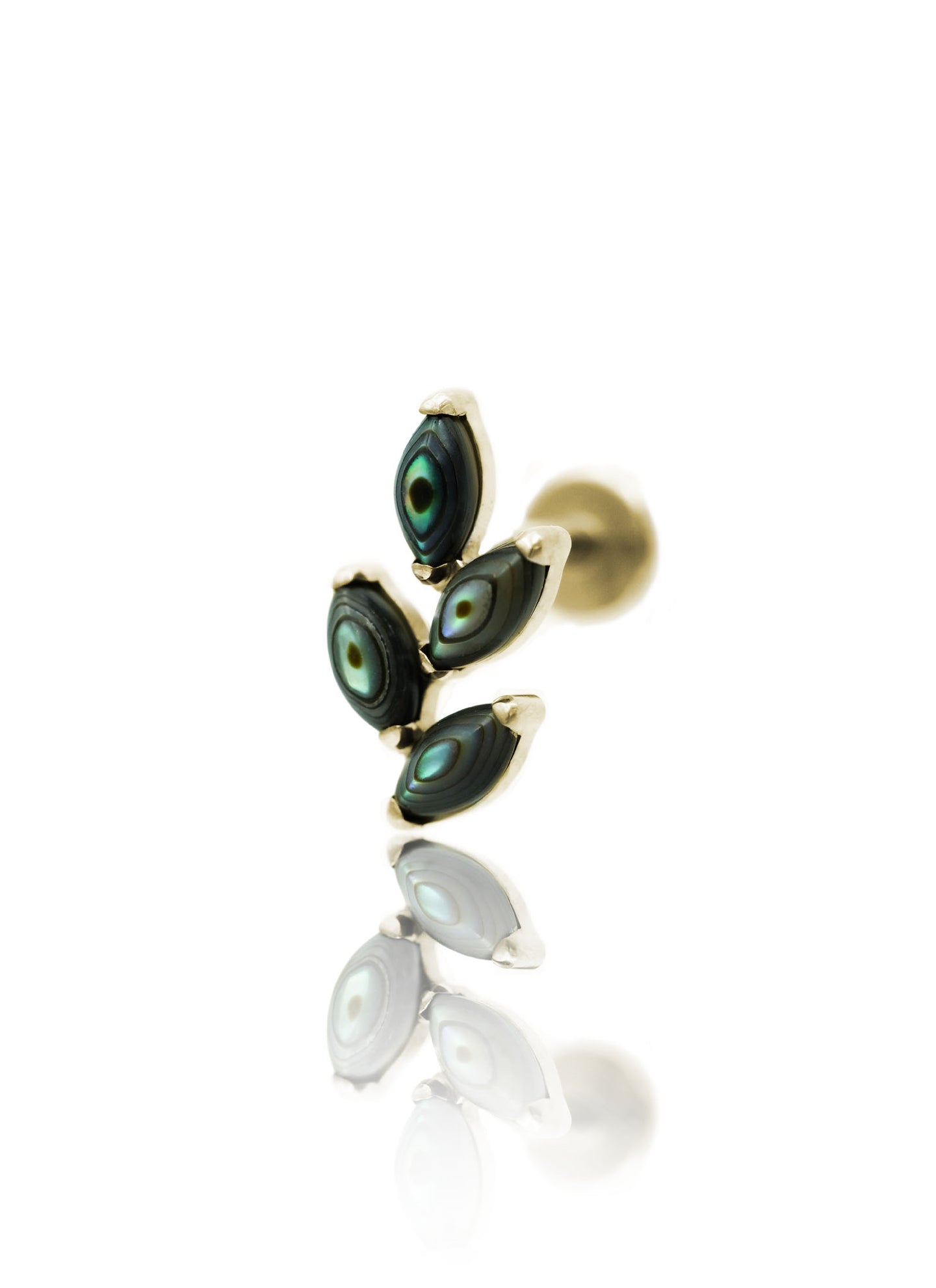 Kolczyk do ucha "4 leaf peacock stone" – złoty tytanowy labret z muszlą abalone