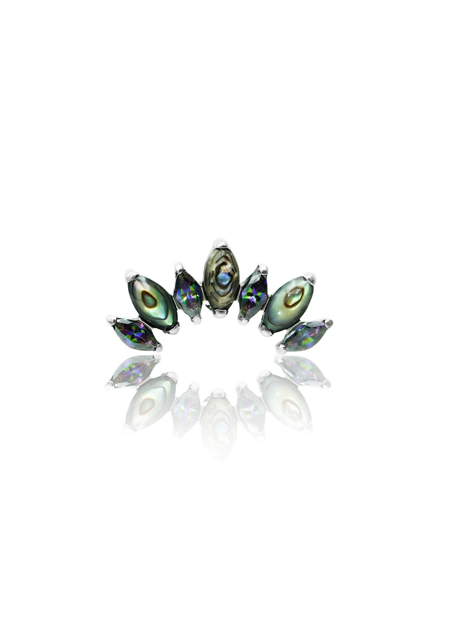 Kolczyk do ucha "Cluster stone peacock stone" - tytanowy labret z cyrkoniami i muszlą abalone