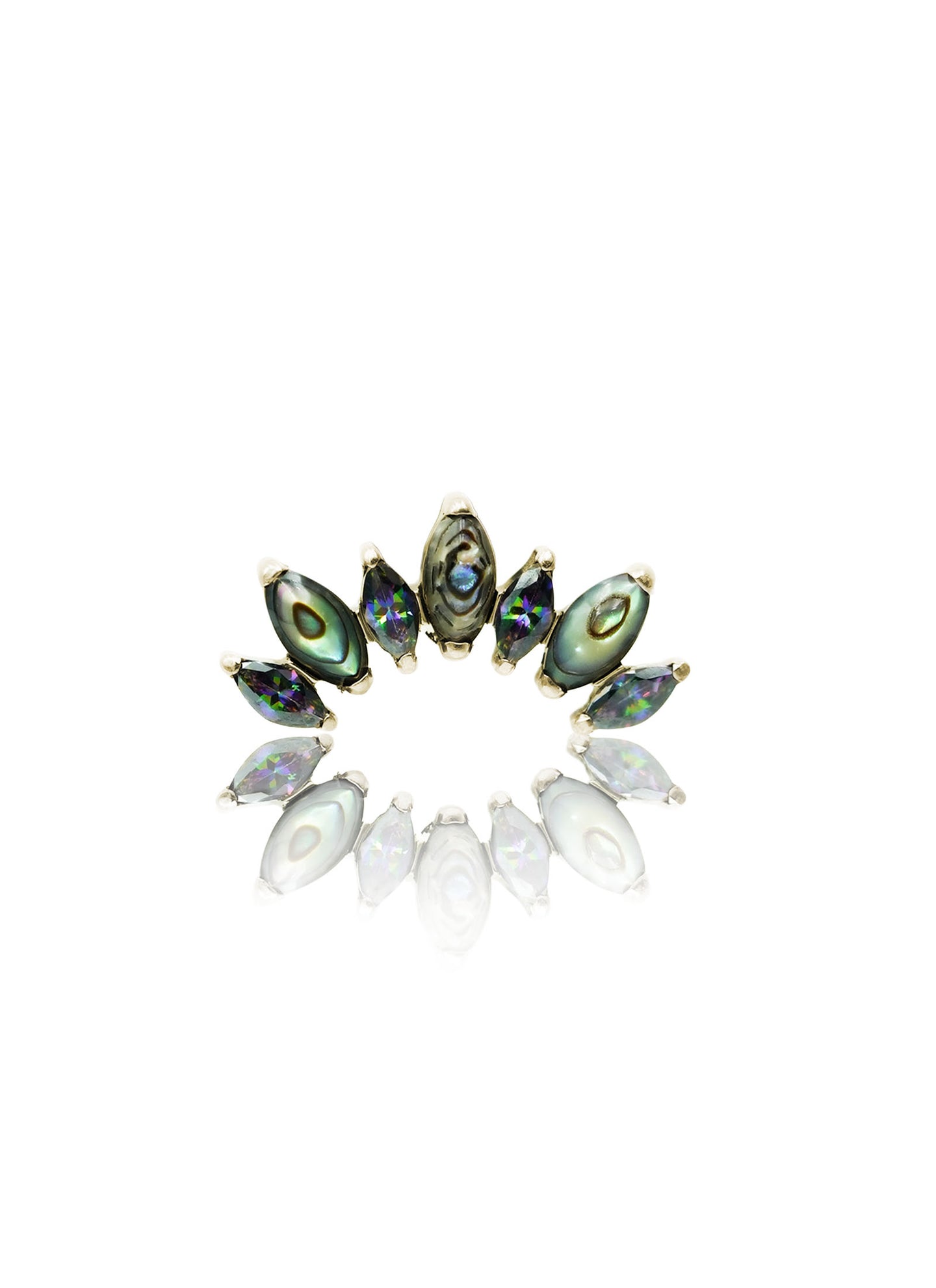 Kolczyk do ucha "Cluster peacock stone" - złoty tytanowy labret z cyrkoniami i muszlą abalone