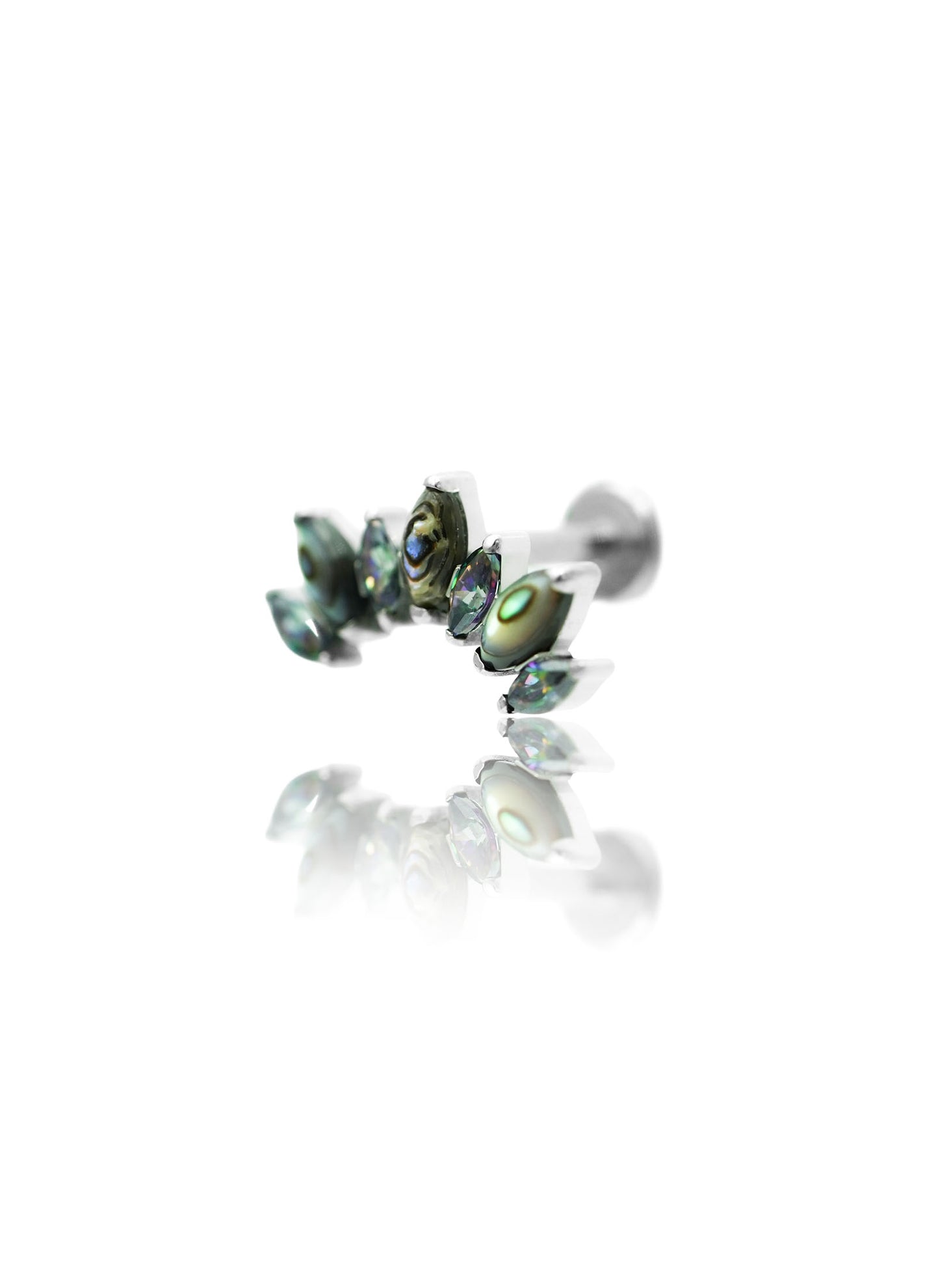 Kolczyk do ucha "Cluster stone peacock stone" - tytanowy labret z cyrkoniami i muszlą abalone