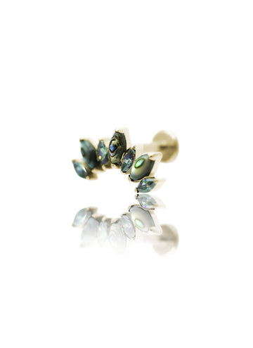 Kolczyk do ucha "Cluster peacock stone" - złoty tytanowy labret z cyrkoniami i muszlą abalone