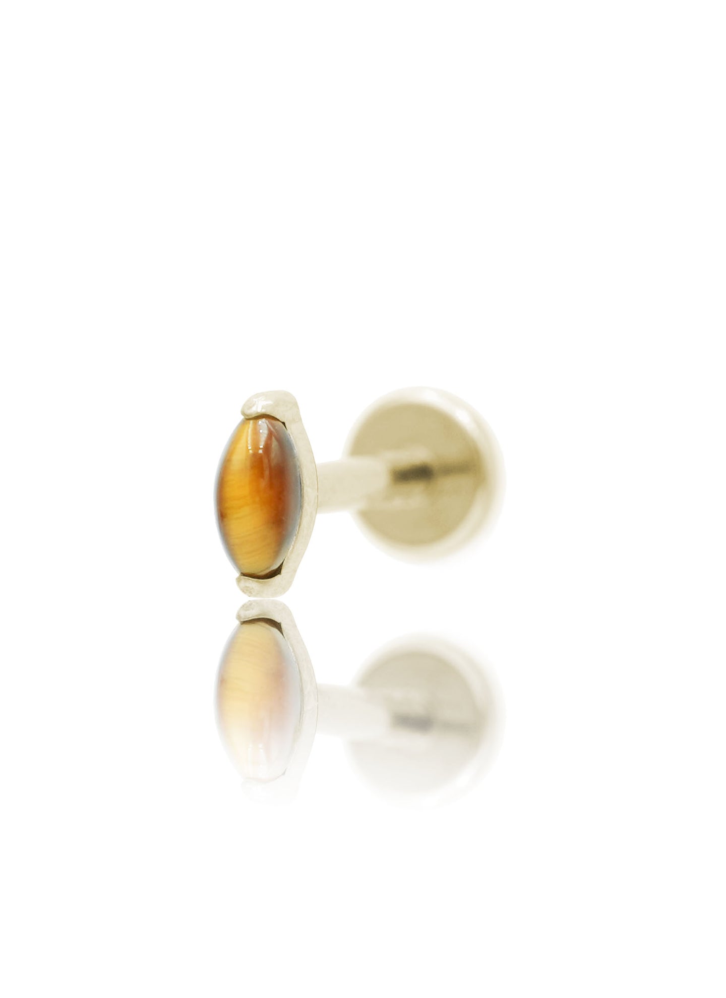 Kolczyk do ucha "1 long stone tiger eye" – złoty tytanowy labret w kształcie łezki z tygrysiem okiem