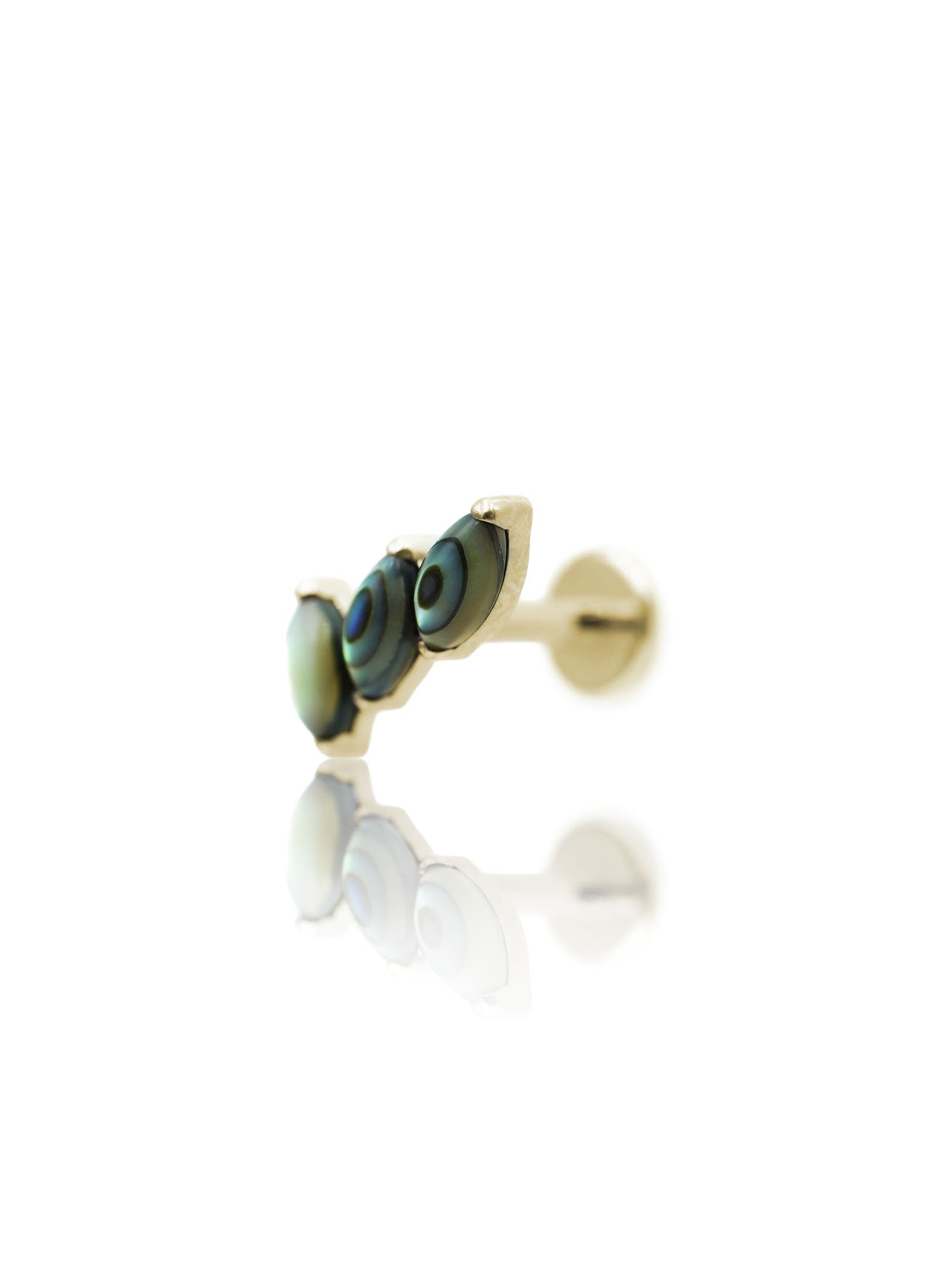 Kolczyk do ucha "3 stone peacock" – złoty tytanowy labret z muszlą abalone