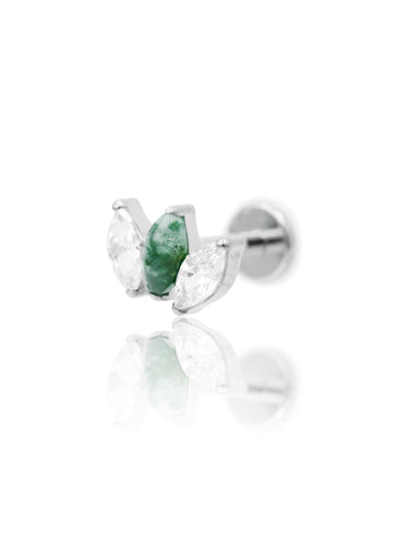 Kolczyk do ucha "straight 3 stone clear black zirconia" – tytanowy labret z cyrkonią i agatem mszystym