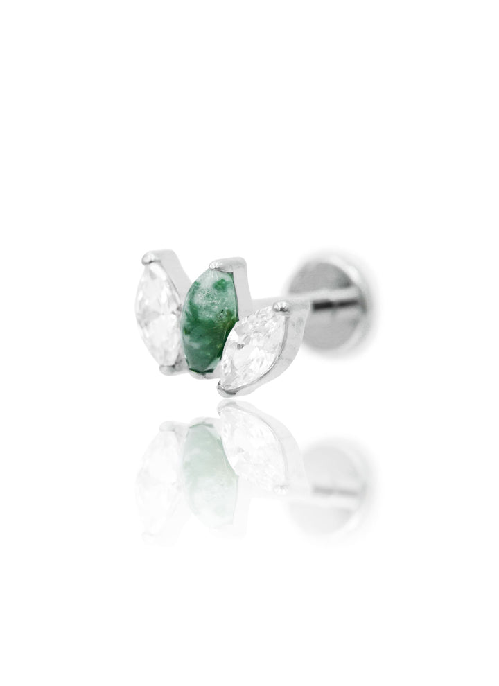 Kolczyk do ucha "straight 3 stone clear black zirconia" – tytanowy labret z cyrkonią i agatem mszystym