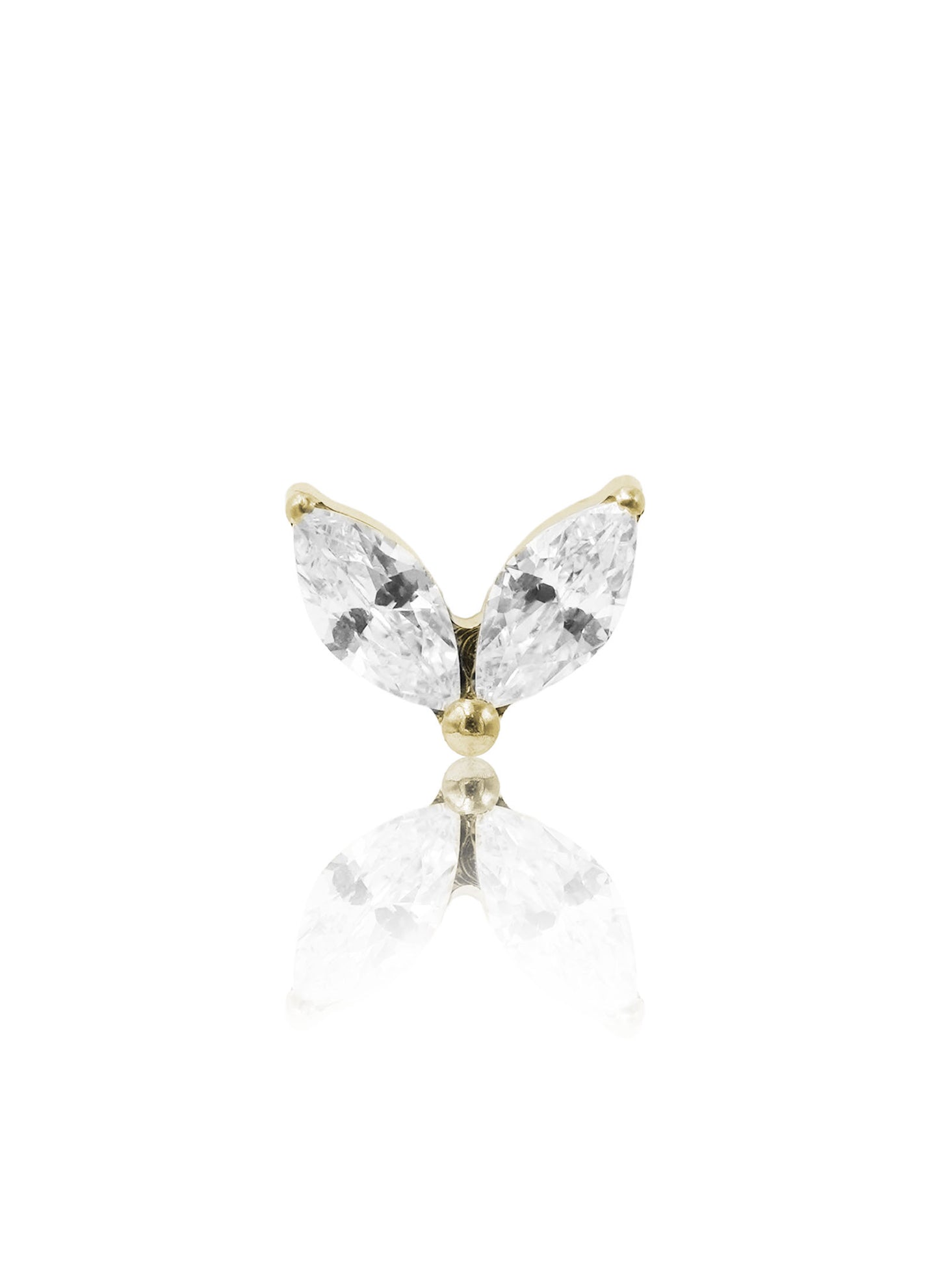 Kolczyk do ucha "Butterfly wings" - złoty tytanowy labret z dwoma cyrkoniami w kształcie łezek