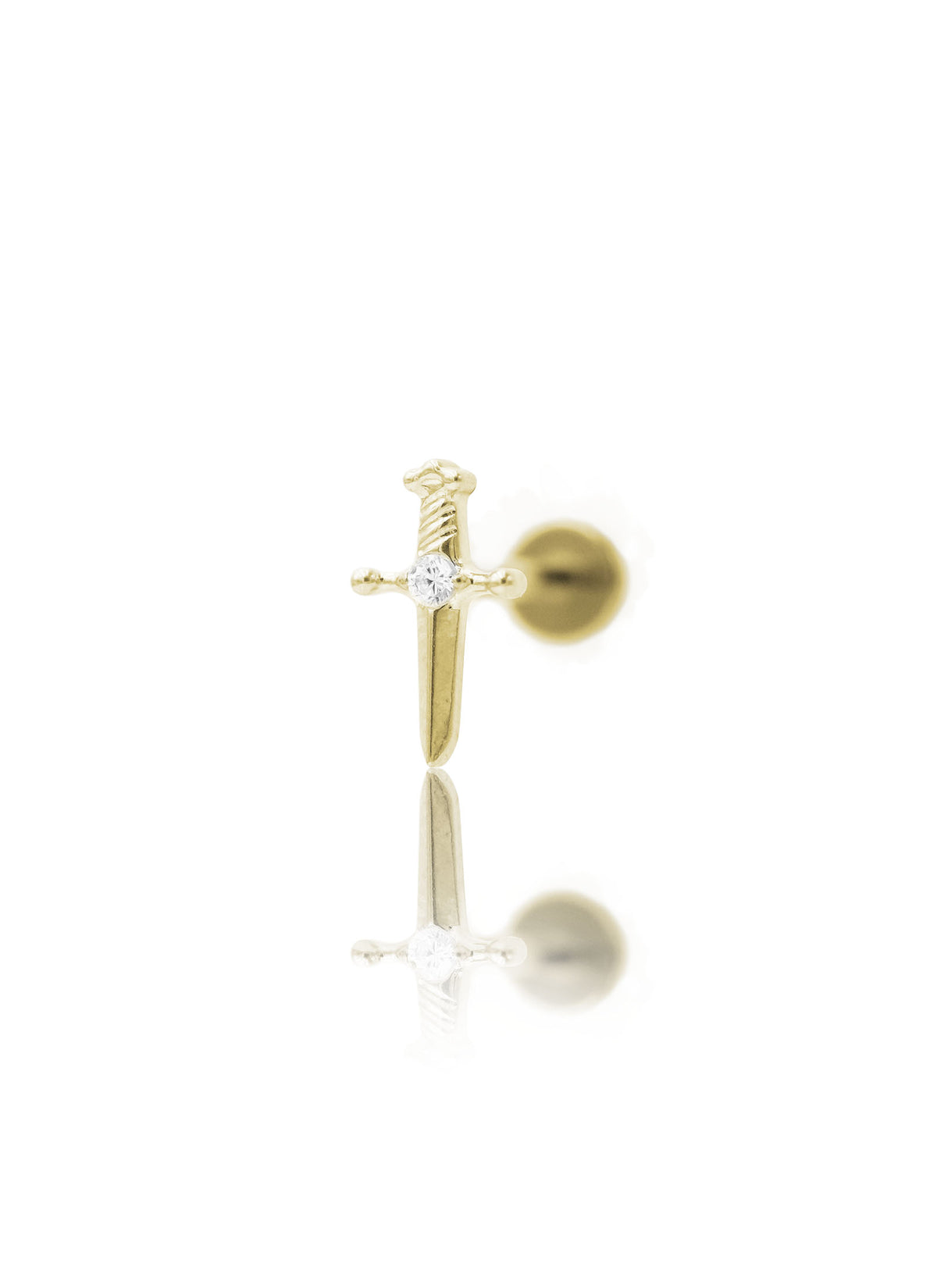 Kolczyk do ucha „Crystal dagger” – złoty tytanowy labret w kształcie miecza z cyrkonią