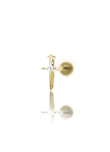 Kolczyk do ucha „Crystal dagger” – złoty tytanowy labret w kształcie miecza z cyrkonią