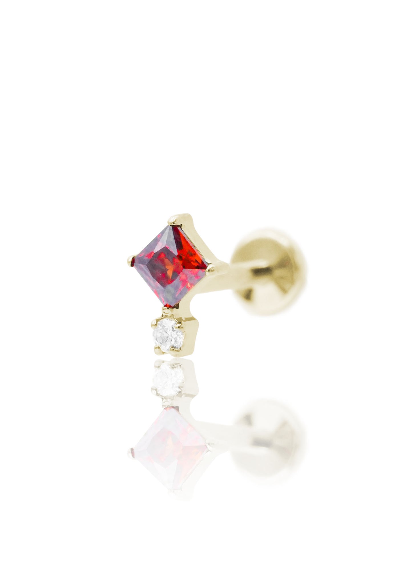 Kolczyk do ucha "Ruby drop" - złoty tytanowy labret z czerwoną cyrkonią