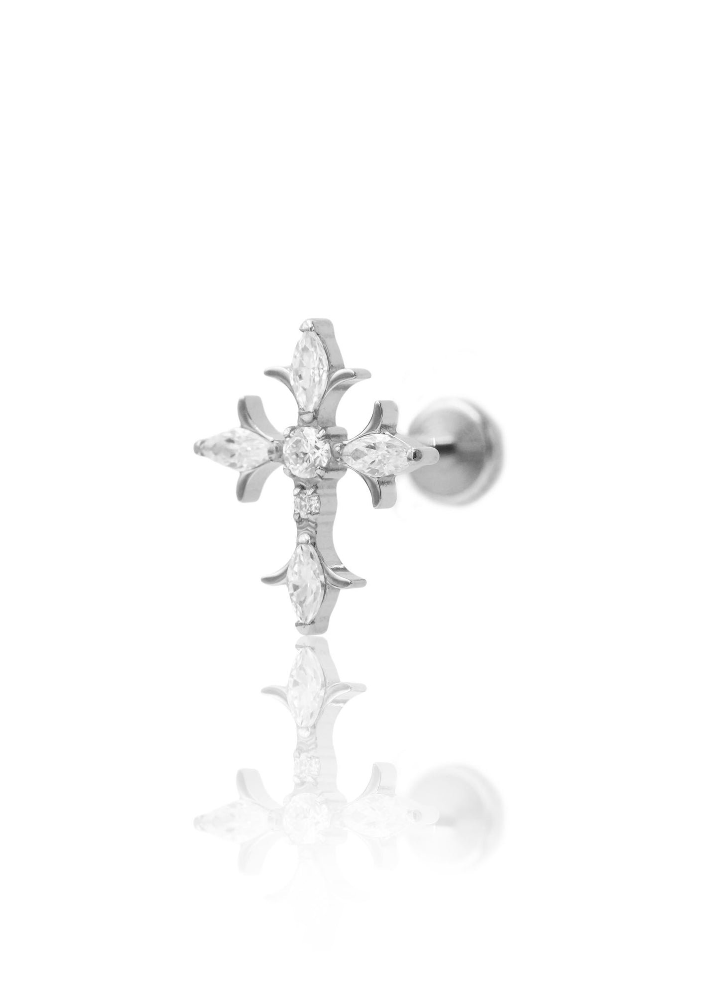 Kolczyk do ucha "Celestial cross" - tytanowy labret w kształcie krzyża z cyrkoniami
